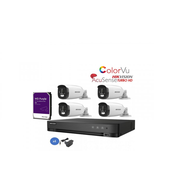 Kit videosorveglianza Acusense Hikvision DVR 4 canali con 4 telecamere 5mpx ColorVu HDD 1TB PURPLE