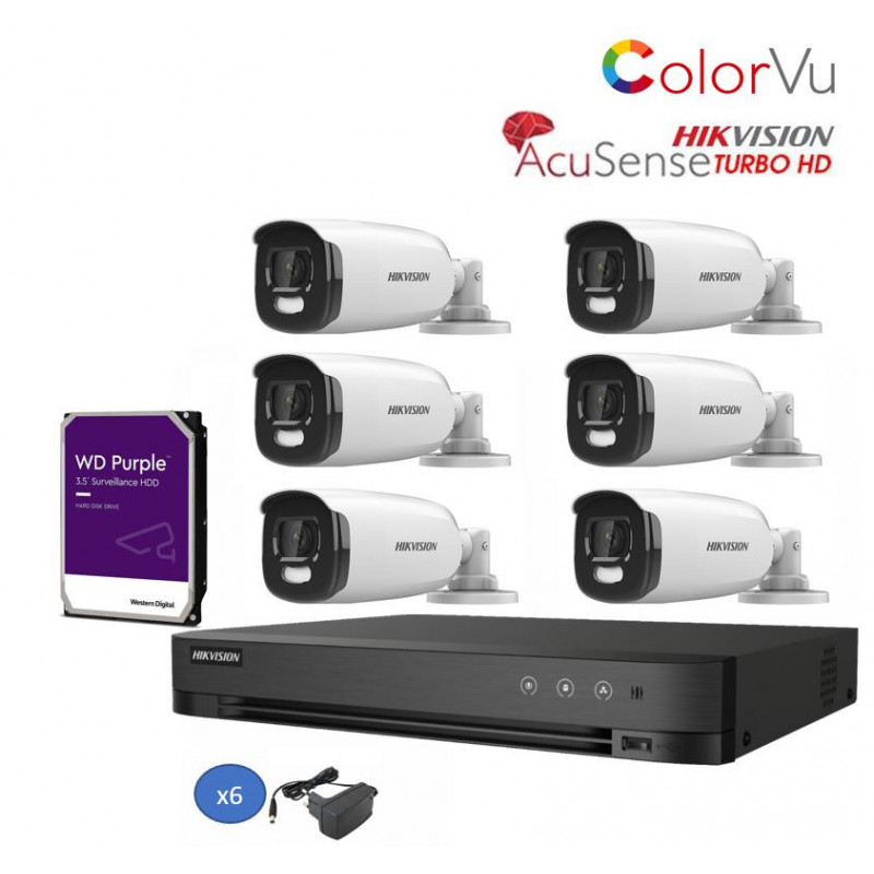 Kit videosorveglianza Acusense Hikvision DVR 8 canali con 6 telecamere 5mpx ColorVu HDD 1TB PURPLE