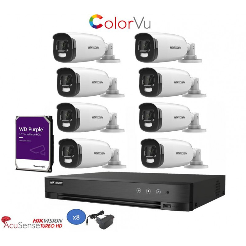 Kit videosorveglianza Acusense Hikvision DVR 8 canali con 8 telecamere 5mpx ColorVu HDD 1TB PURPLE