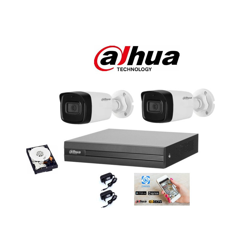 Kit videosorveglianza Dahua DVR 4 canali con 2 telecamere 2 mpx IR 40 metri hdd 500gb