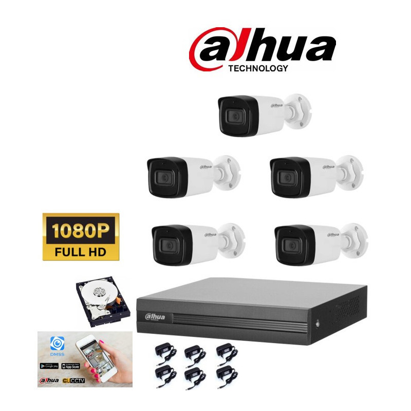 Kit videosorveglianza Dahua DVR 8 canali con 5 telecamere 2 mpx IR 40 metri hdd 500gb