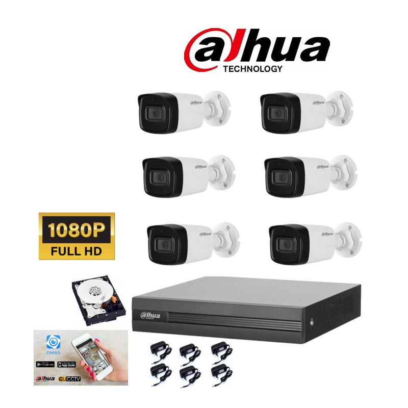 Kit videosorveglianza Dahua DVR 8 canali con 6 telecamere 2 mpx IR 40 metri hdd 500gb
