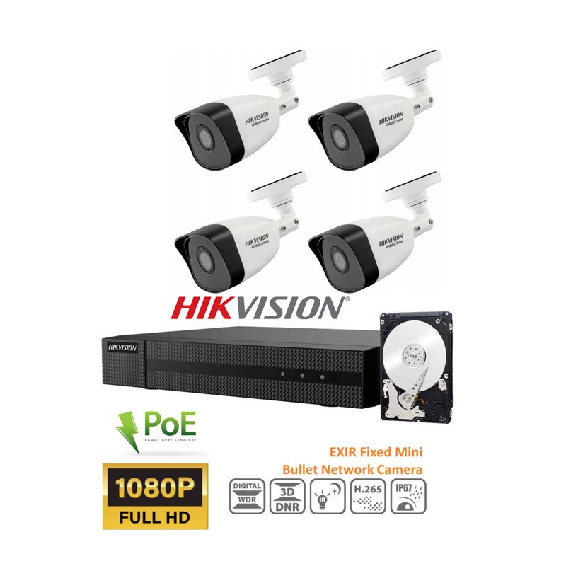 Kit videosorveglianza Hikvision NVR 4 canali IP POE 4 telecamere bullet full HD 2mpx HD 500gB