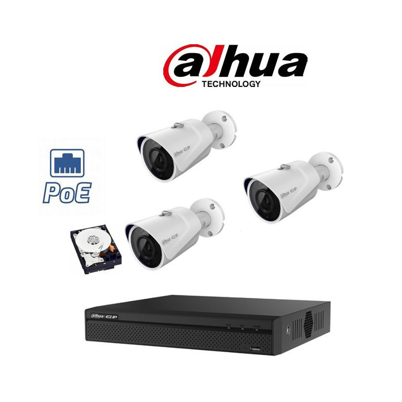 Kit Videosorveglianza IP POE Dahua NVR 4 canali 3 telecamere bullet POE 2 megapixel hdd 500gB