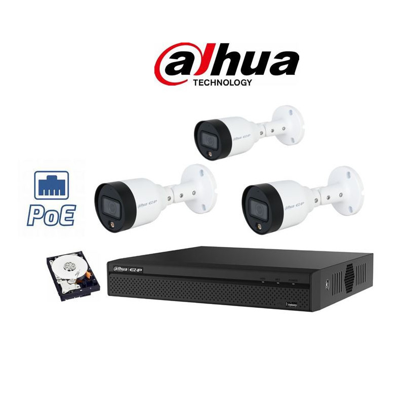 Kit videosorveglianza Dahua NVR 4 canali 3 telecamere Fullcolor 2 megapixel hdd500gb