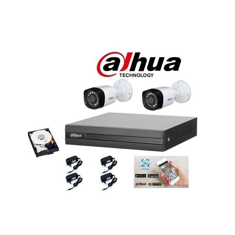 Kit videosorveglianza Dahua DVR 4 canali 2 telecamere bullet 2mpx HDD 500gB