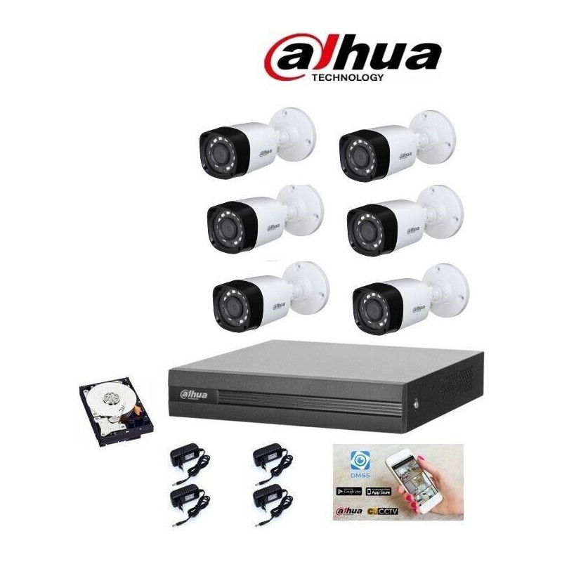 Kit videosorveglianza Dahua DVR 8 canali 6 telecamere bullet 2mpx HDD 500gB