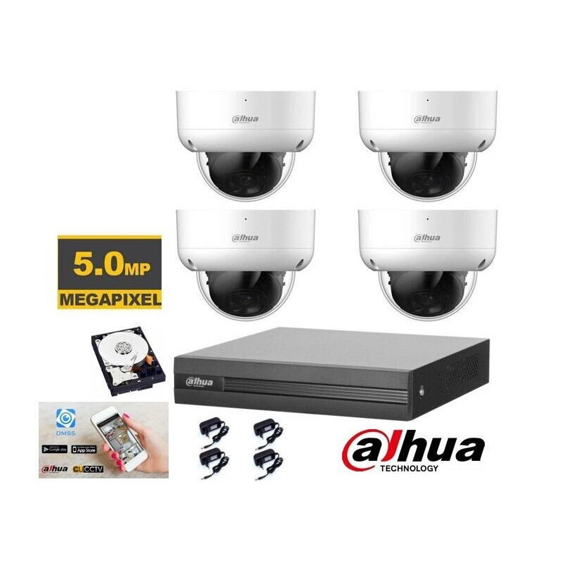 Kit videosorveglianza Dahua DVR 4 canali 4 telecamere dome antivandalica 5mpx HDD 500gB