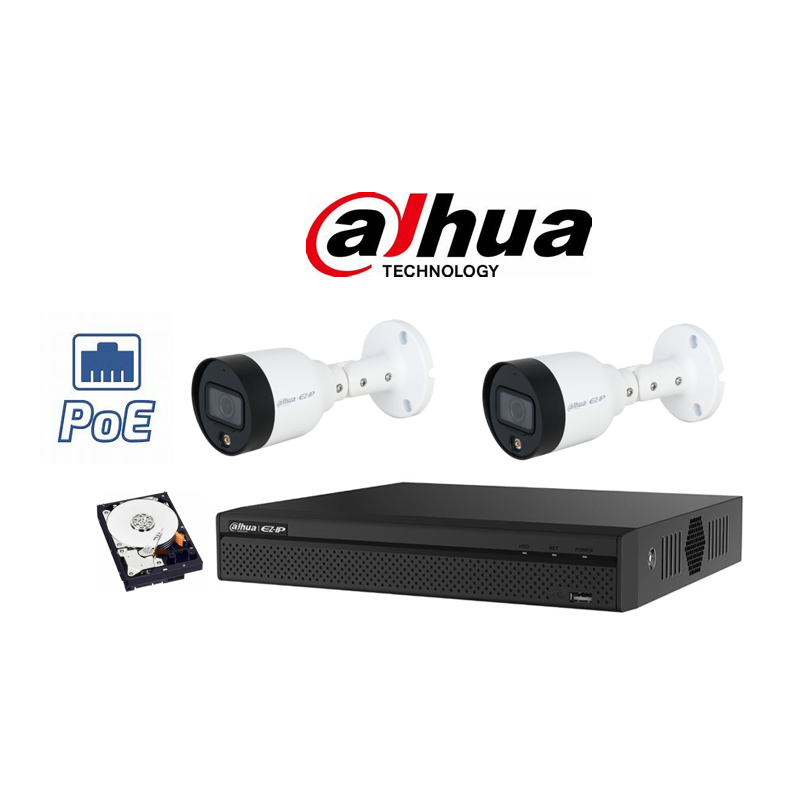 Kit videosorveglianza Dahua IP POE NVR 4 canali 2 telecamere fullcolor 2 mpx hdd 500gB