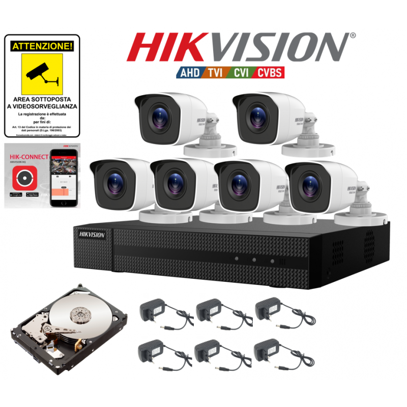 Kit videosorveglianza Hikvision DVR 8 canali 6 telecamere bullet 5mpx hdd 1tb