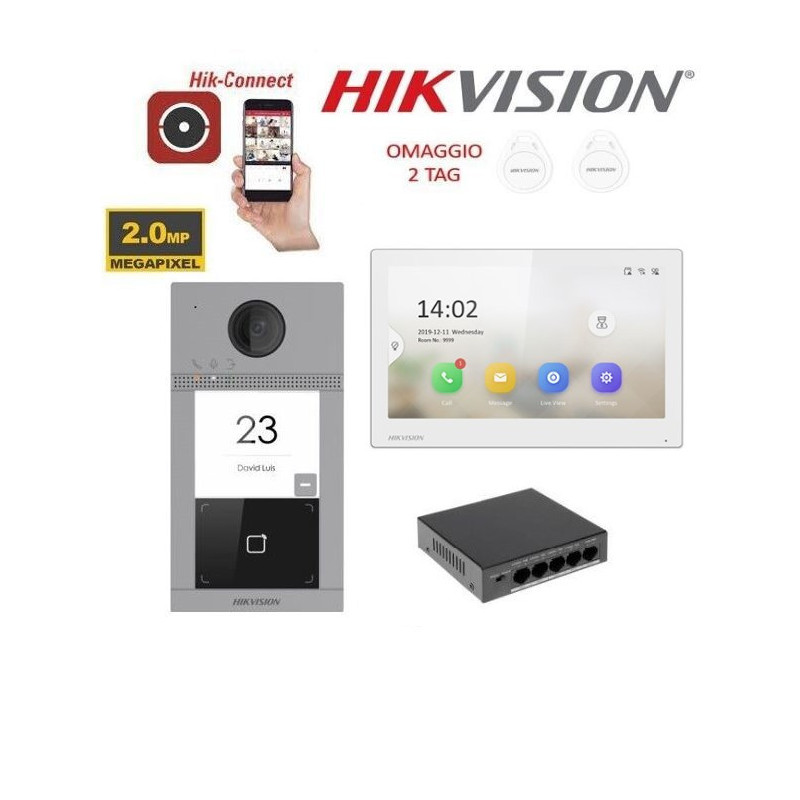 Kit videocitofono IP Poe villa monofamiliare Hikvision monitor 7 pollici bianco smart wifi app p2p