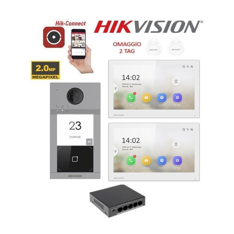 Kit videocitofono IP Poe villa monofamiliare Hikvision con 2 monitor 7 pollici bianco smart wifi p2p