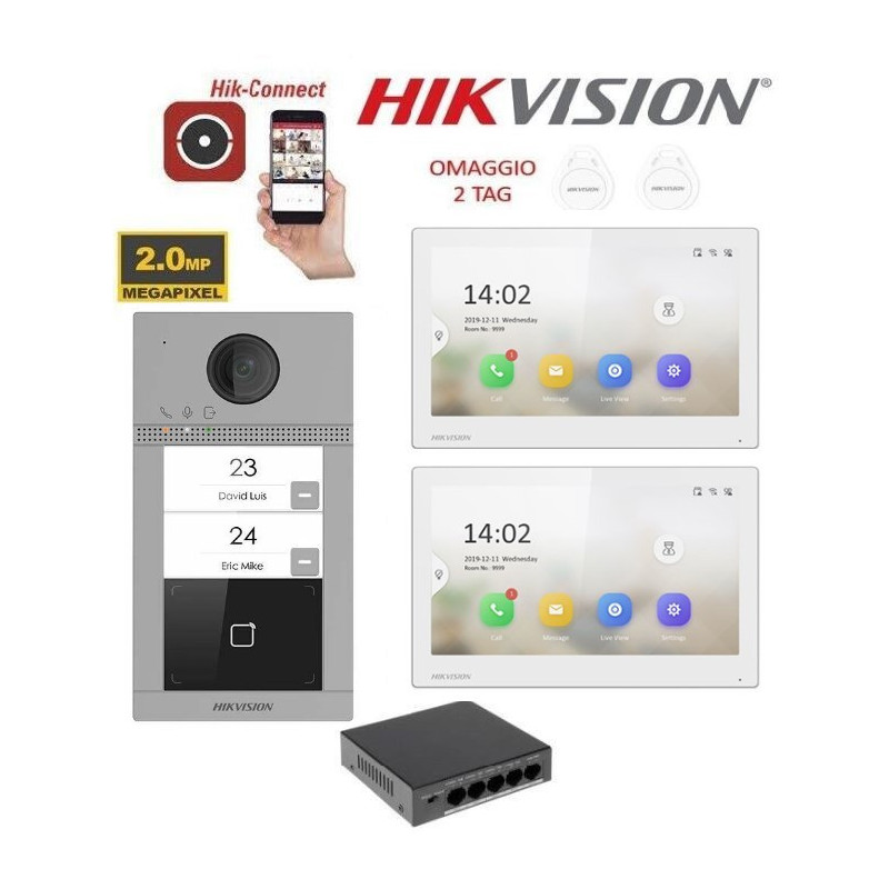 KIT Videocitofono bifamiliare IP Poe Hikvision 2 monitor 7" bianco WIFI smart telecamera 2 mpx