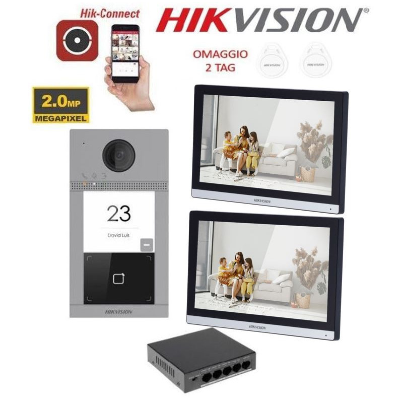 Kit videocitofono IP Poe villa monofamiliare Hikvision con 2 monitor 7 pollici smart wifi p2p