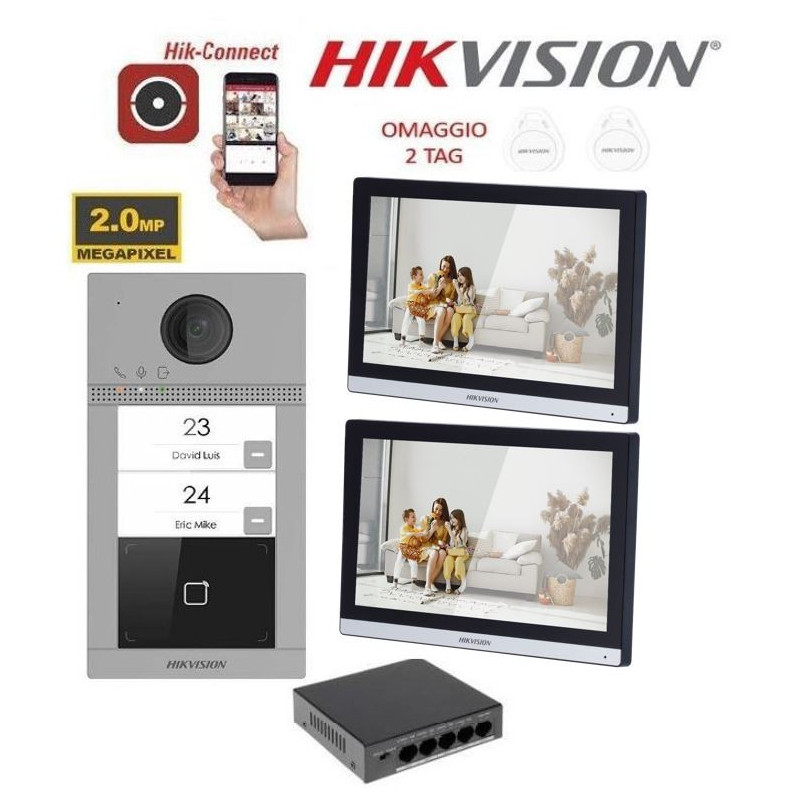 KIT Videocitofono bifamiliare IP Poe Hikvision 2 monitor 7" WIFI smart telecamera 2 mpx