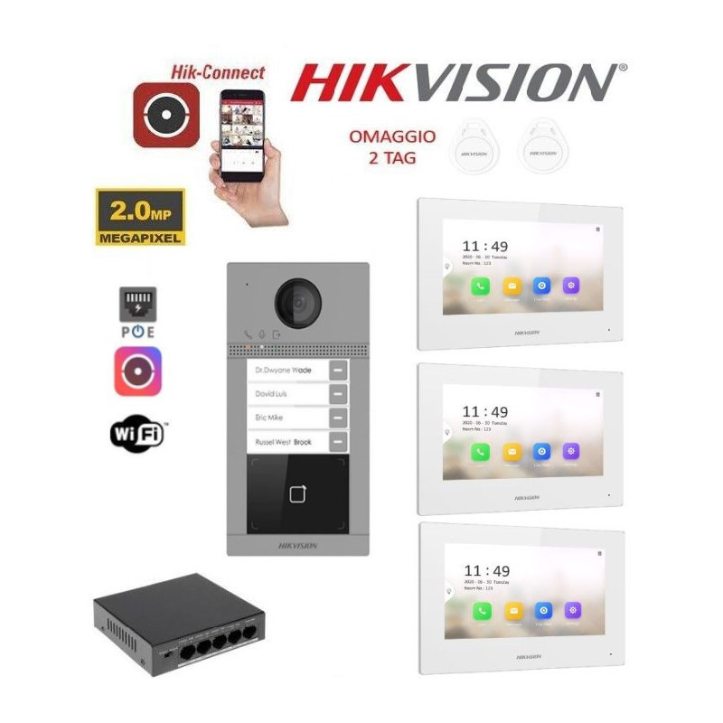 KIT Videocitofono trifamiliare IP Poe Hikvision 3 monitor 7" bianco WIFI smart telecamera 2 mpx