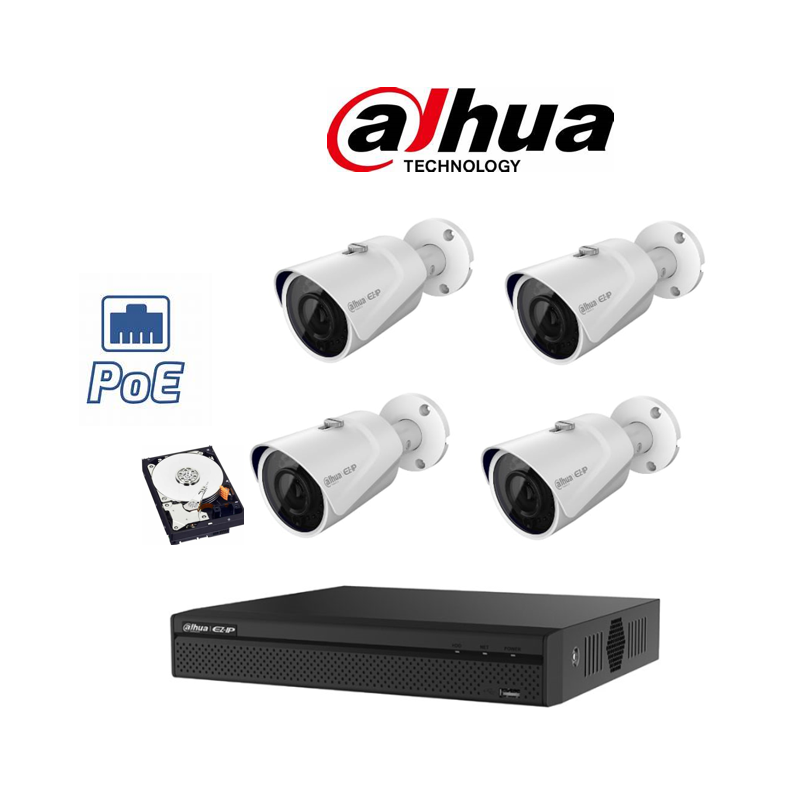 Kit Videosorveglianza IP POE Dahua NVR 4 canali 4 telecamere bullet POE 2 megapixel hdd 500gB