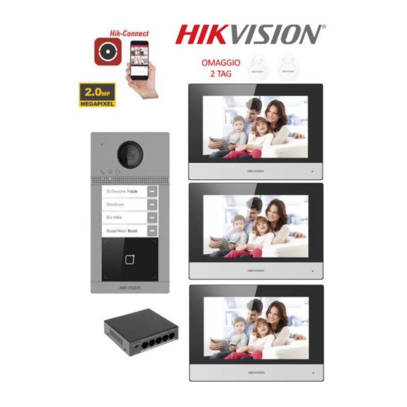 Kit Videocitofono Hik Vision Villa Trifamiliare Pulsantiera 4 Pulsanti 3 Monitor Ip Poe App