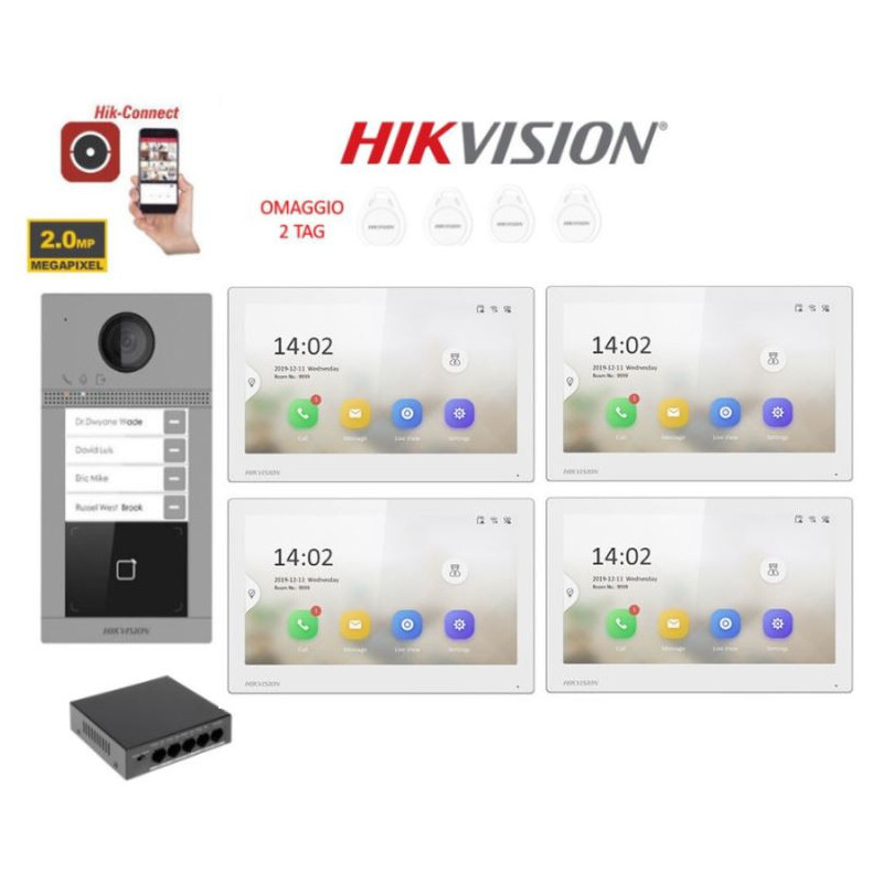 KIT Videocitofono quadrifamiliare IP Poe Hikvision 4 monitor 7" bianco WIFI smart telecamera 2 mpx