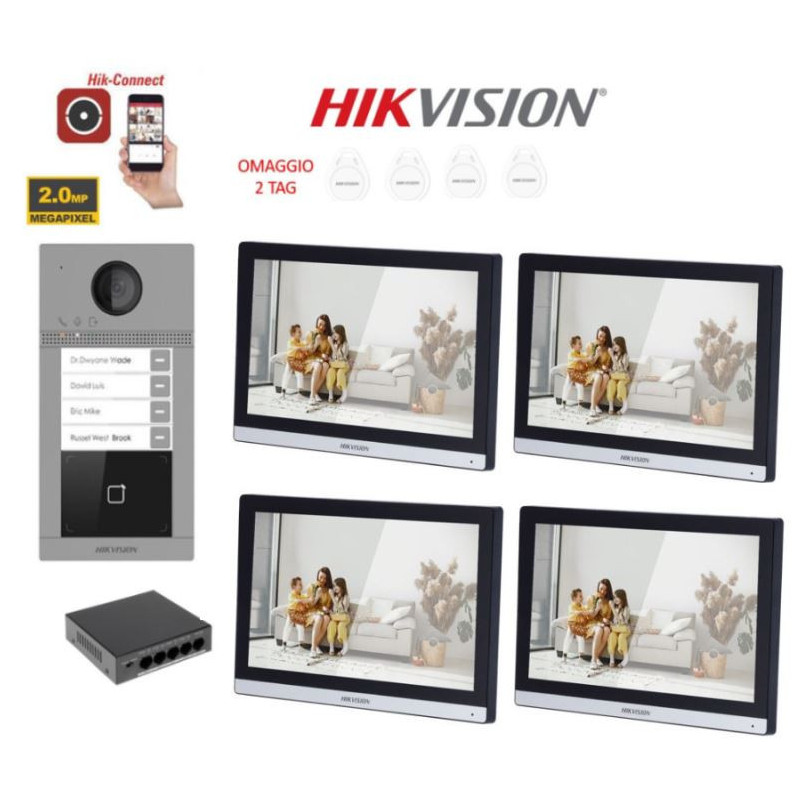 KIT Videocitofono quadrifamiliare IP Poe Hikvision 4 monitor 7" WIFI smart telecamera 2 mpx