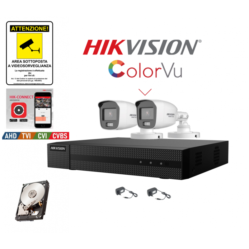 Kit videosorveglianza Hikvision DVR 4 canali 2 telecamere Color Vu 2mpx 500GB