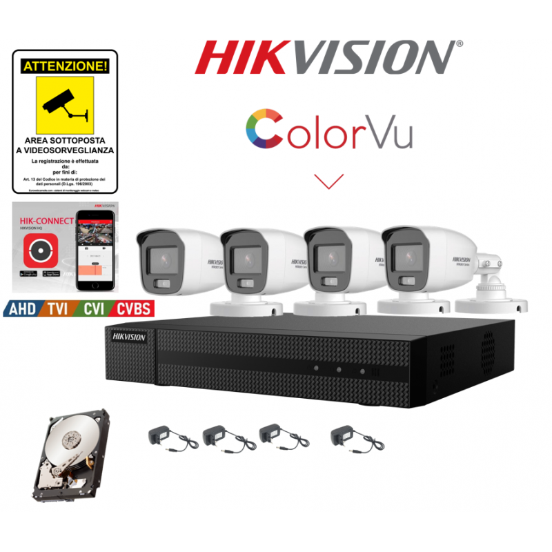 Kit videosorveglianza Hikvision DVR 4 canali 4 telecamere Color Vu 2mpx 500GB
