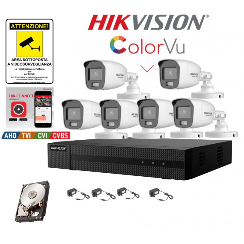 Kit videosorveglianza Hikvision DVR 8 canali 6 telecamere Color Vu 2mpx 500GB